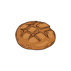 Round rye loaf, fresh bread from bakery vector isolated icon in doodle style.