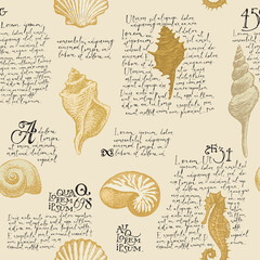 Seamless pattern with hand-drawn seashells and handwritten text Lorem ipsum. Vector illustration in beige colors in retro style. Pencil drawings of shells and seahorse on an old paper background © paseven
