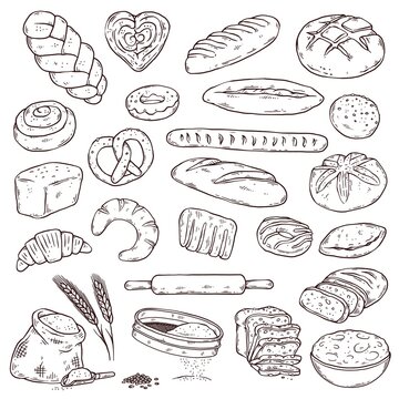 Bread and sweet bakery food a set of vector hand drawn illustrations