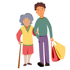 The son carries bags with the elderly mother.