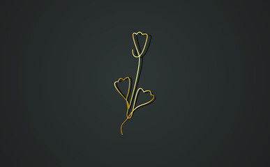 Gold texture one line art style flower. Cherry blossom flowers, leaves, branch, rose.