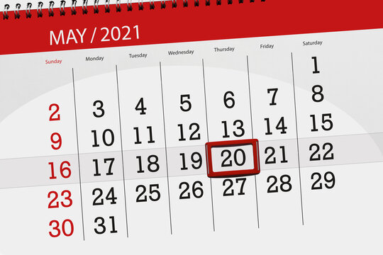 Calendar planner for the month may 2021, deadline day, 20, thursday