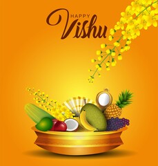 Happy Vishu greetings. April 14 Kerala festival with Vishu Kani, vishu flower Fruits and vegetables in a bronze vessel. vector illustration design © Arun