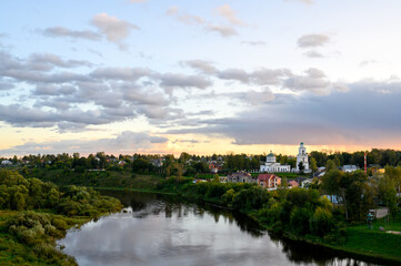 Obraz premium View of the Volga River, the Krasnoarmeyskaya side of the city and the Cathedral of the Okovetskaya Icon of the Mother of God, Rzhev, Tver region, Russian Federation, September 19, 2020