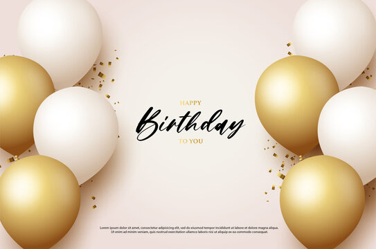 Realistic happy birthday background with 3D ballons white and gold ilustration on white background