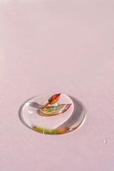 A drop of cosmetic gel with a leaf on a pink background.