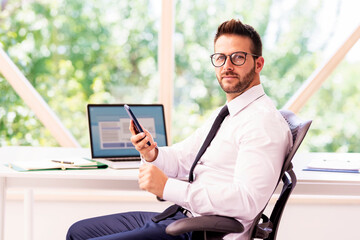 Handsome businessman text messaging while sitting at office desk