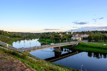 Fototapeta premium View of the Volga River, Old Bridge and Krasnoarmeiskaya Embankment, Rzhev, Tver region, Russian Federation, September 19, 2020