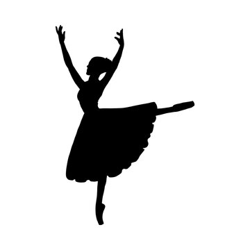 Black silhouette of ballerina with raised hands, vector illustration isolated.