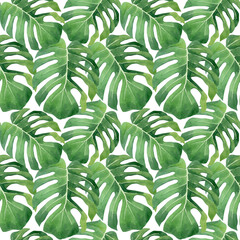 Monstera leaf pattern. Seamless watercolor herbal pattern with tropical leaves for textile, souvenirs design