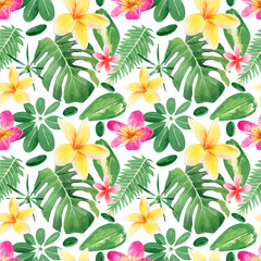 Tropical leaves and flowers pattern. Seamless watercolor floral pattern with monstera leaf, tropic palm, plumeria pink and yellow flower © Hanna