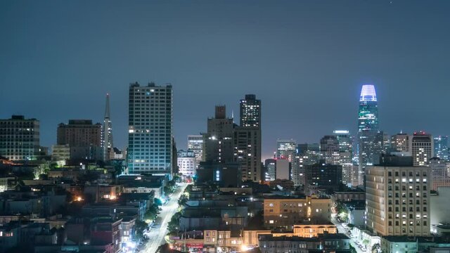 San Francisco Downtown Skyline from Nob Hill Night Time Lapse Pan R California USA