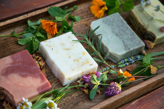 Natural handmade soap bars with medicinal plants and herbs