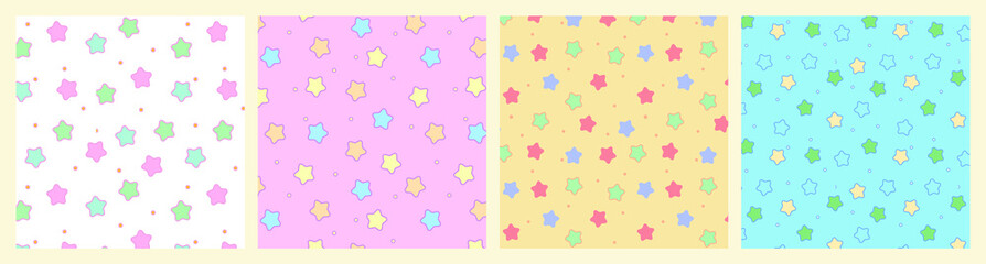Cute simple seamless pattern set in little princess style. Vector fantastic fairy anime background with stars pattern. Cute simple repeat design Collection in fantasy style. Magic anime background.