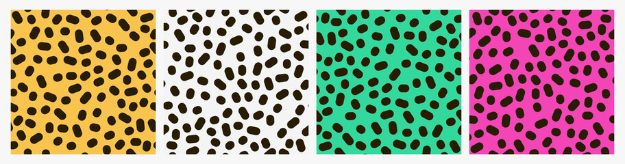 Retro vector animal fashion seamless pattern set. Exotic Leopard crocodile snake zebra texture ornament with big dots and geometric ovals. 80s repeat animal pattern vintage fashion design background.