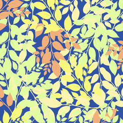vector  illustration seamless pattern tree branches with yellow,orange and green leaves on a dark blue background