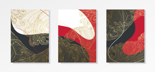 Line art design of waves, mountain, modern hand-drawn vector background, gold ink pattern. Minimalist Asian style.	
