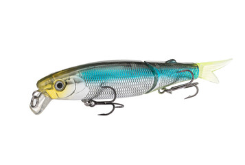 Wobbler with hooks for fishing as bait for fish, which is used for spinning. Fishing tackle for a fisherman.