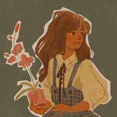 The character of a pretty young girl with long brown hair, in vintage clothes, holds a pot with an orchid in her hands. The girl looks to the side, a slight smile on her face. Pastel shades