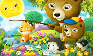 Obraz na płótnie Canvas cartoon scene with different forest animals friends having fun together illustration