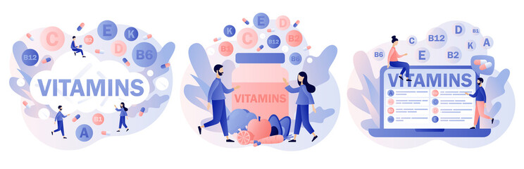 Vitamins complex. Multi vitamin supplement, vitamin A, group B B1, B2, B6, B12, C, D, E, K. Tiny people and healthy nutrition.Modern flat cartoon style. Vector illustration on white background