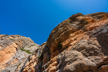 Gorge of Collegats in the Pyrenees. In the middle of spring. On a sunny day with no clouds in the sky and a completely blue sky.