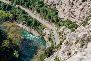 Gorge of Collegats in the Pyrenees. We can see the river Noguera Pallaresa and the old road. Aerial view from the top of the cliff.