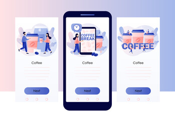 Fototapeta na wymiar Coffee break. Tiny people businessmen relaxing, will be energized, talking and drinking coffee. Lunch time in office concept. Screen template for mobile smart phone. Modern flat cartoon style. Vector 