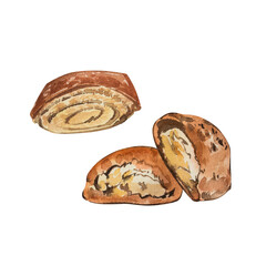 Gata, traditional armenian sweet pastry. Watercolor illustration Gata. Armenian dessert. Shortbread cookies with nuts, vanilla and sugar.