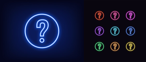 Fototapeta Neon question mark icon. Glowing neon question sign, outline query silhouette obraz