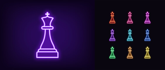 Neon chessmen king icon. Glowing neon king sign, outline chess piece, silhouette