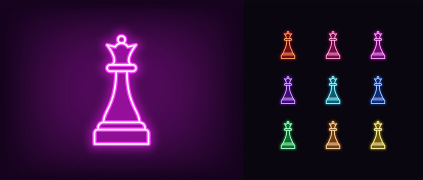 Neon chessmen queen icon. Glowing neon queen sign, outline chess piece, silhouette
