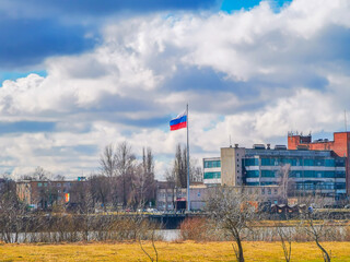 Russian flag on a high mast in Kaliningrad seen from Lithuanian Republic