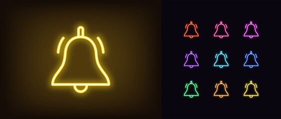 Neon bell icon. Glowing neon bell sign, outline notification pictogram