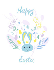 Obraz na płótnie Canvas Vector illustration. Happy easter. Greeting card design. Blue text, bunny rabbit, easter eggs and details. EPS 10.