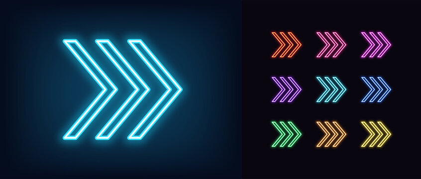 Neon arrow icon. Glowing neon swipe up sign, outline arrow pointer silhouette