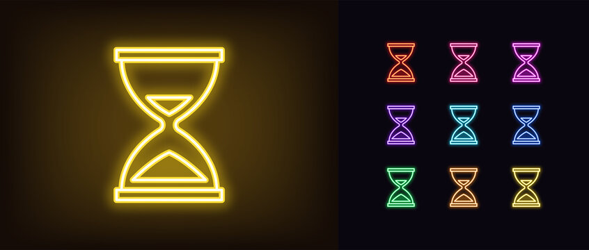 Neon Hourglass Icon. Glowing Neon Sandglass Sign, Outline Clock Silhouette