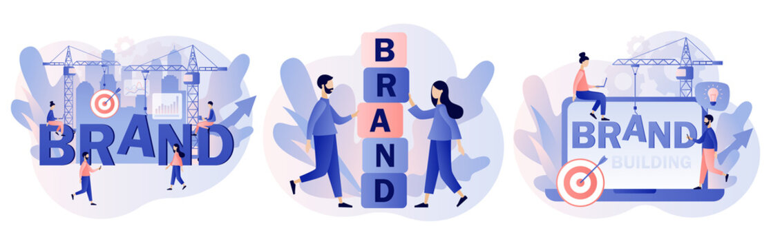 Brand. Tiny people building brand, working on branding. Corporate identity. Company development. Self-positioning, individual brand strategy. Modern flat cartoon style. Vector illustration 