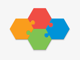 Four pieces of a hexagon puzzle. Hexagonal mosaic infographics.