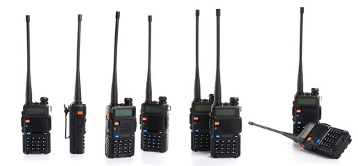 set collage of several black walkie-talkie radio communication device isolated on white background
