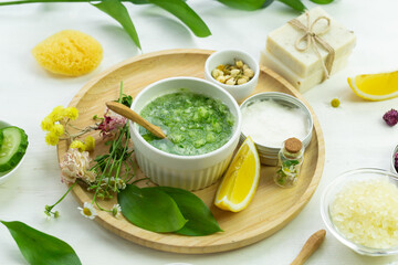 Beauty treatment ingredients for making homemade skin care cream. Essential oil and natural ingredients 