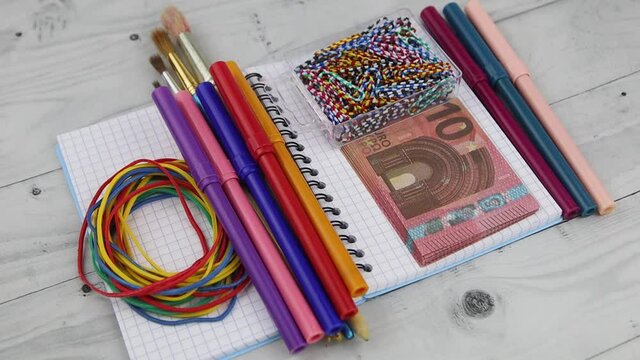 Business, office or design studio concept with money and supplies, including colored pens, paint brushes, rubber bands and wad of Euro bills on an open notebook