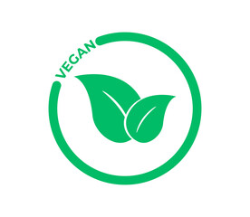 Vegan vector icon. Organic, bio, eco symbol. Vegan, no meat, lactose free, healthy, fresh and nonviolent food. Round green vector illustration with leaves for stickers, labels and logos
