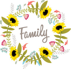 Word Family in wreath of sunflowers. Greeting card for family day, print, poster, postcard