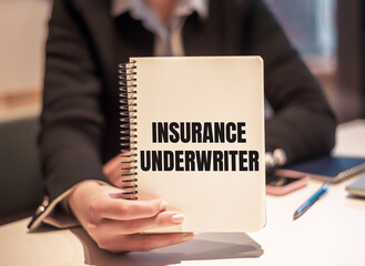 Business woman holds a notebook with the text INSURANCE UNDERWRITER.