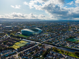 Aerial view on the channel part of Dublin near the port at the autumn