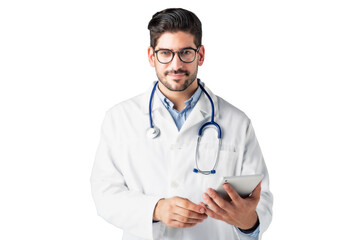 Male doctor holding touchpad in his hand while standing at isolated background