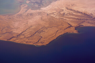 aerial view of the coastline and desert on the Arabian Peninsula