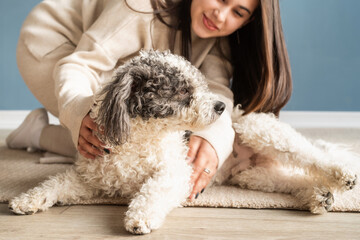 Beautiful woman with playful dog embracing at home
