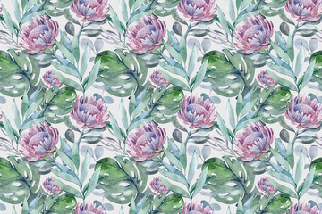 watercolor seamless pattern of exotic plants and portea flowers